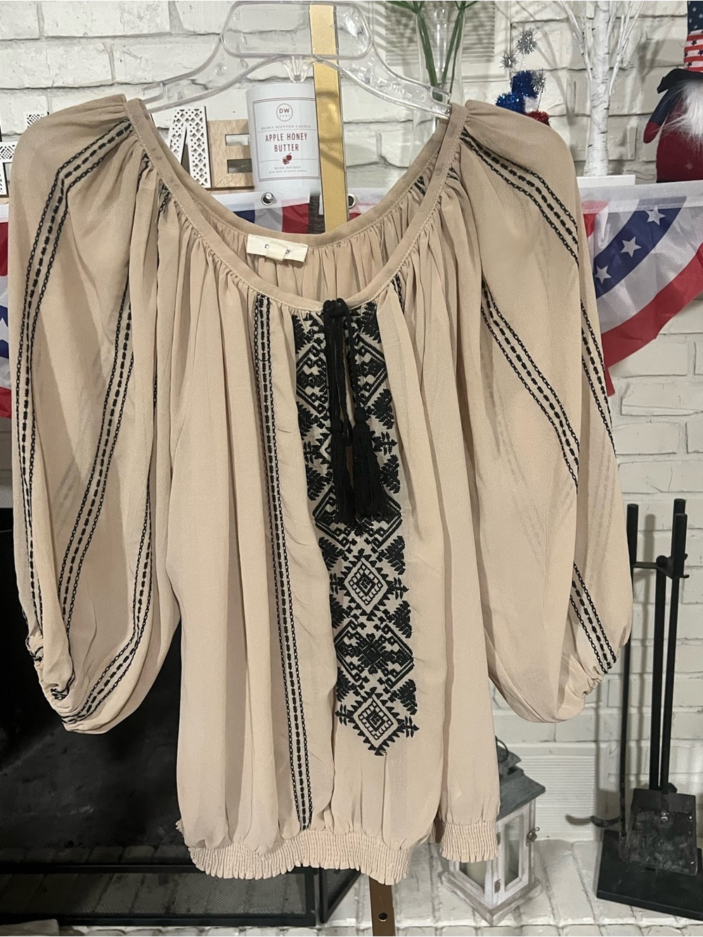 Freeway Beige Peasant Tunic with Black Embroidery and Tassel
